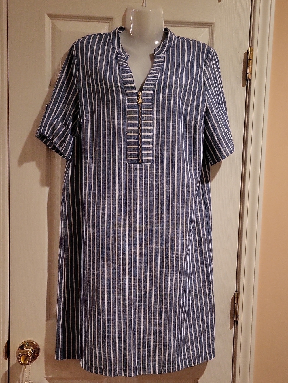 Anne Klein Blue White Striped Cotton Blend Dress Size 14 Midi